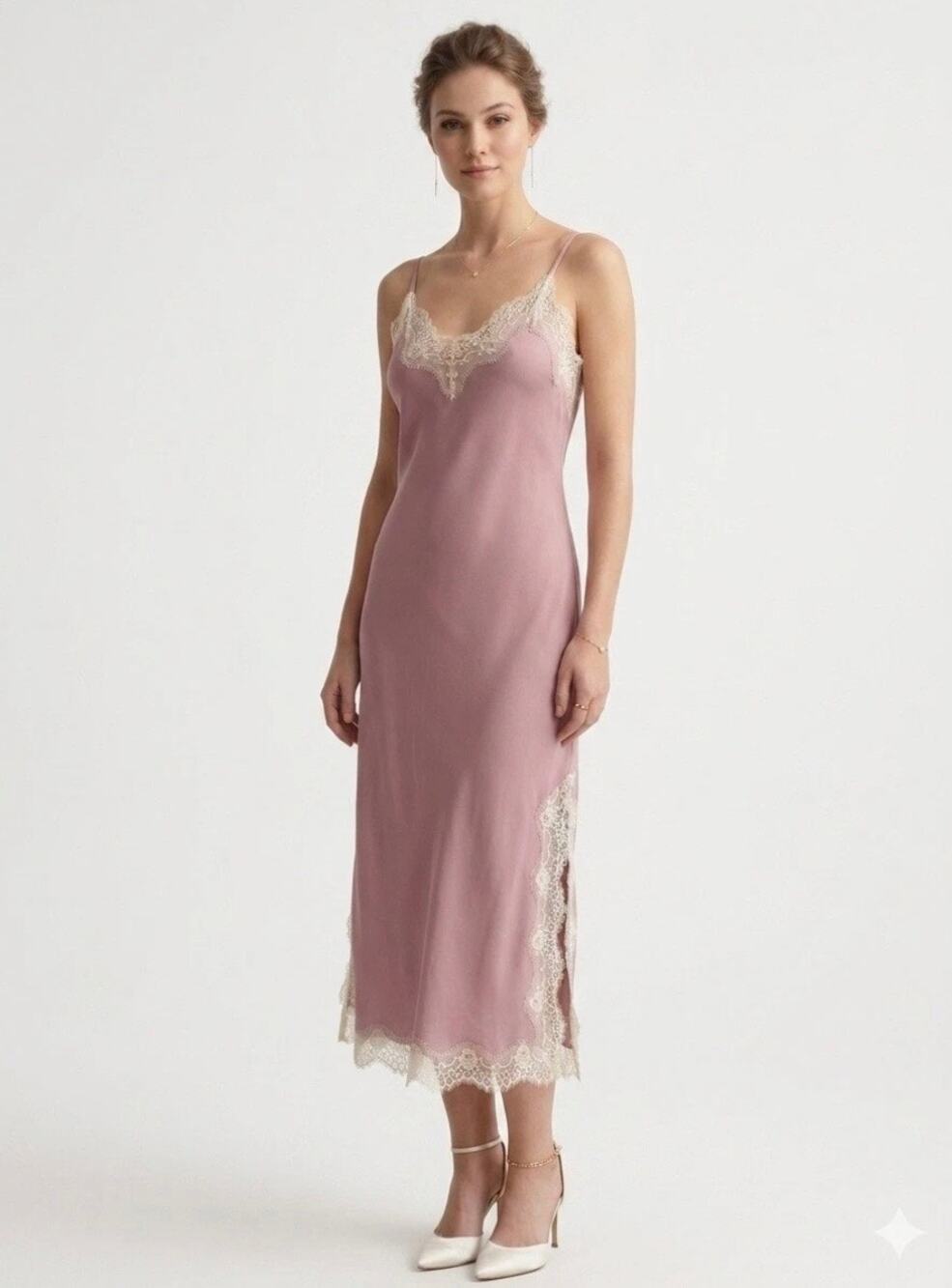 GAP Mauve Pink Slip Dress Satin Maxi NWOT Cream Lace Romantic Whimsical XS READ